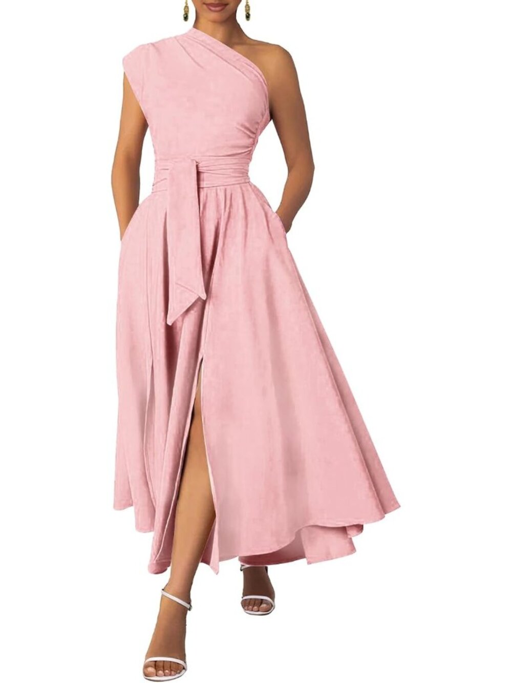 Women's Pink Formal Wedding Flattering A-line One Shoulder Belted Maxi Dress